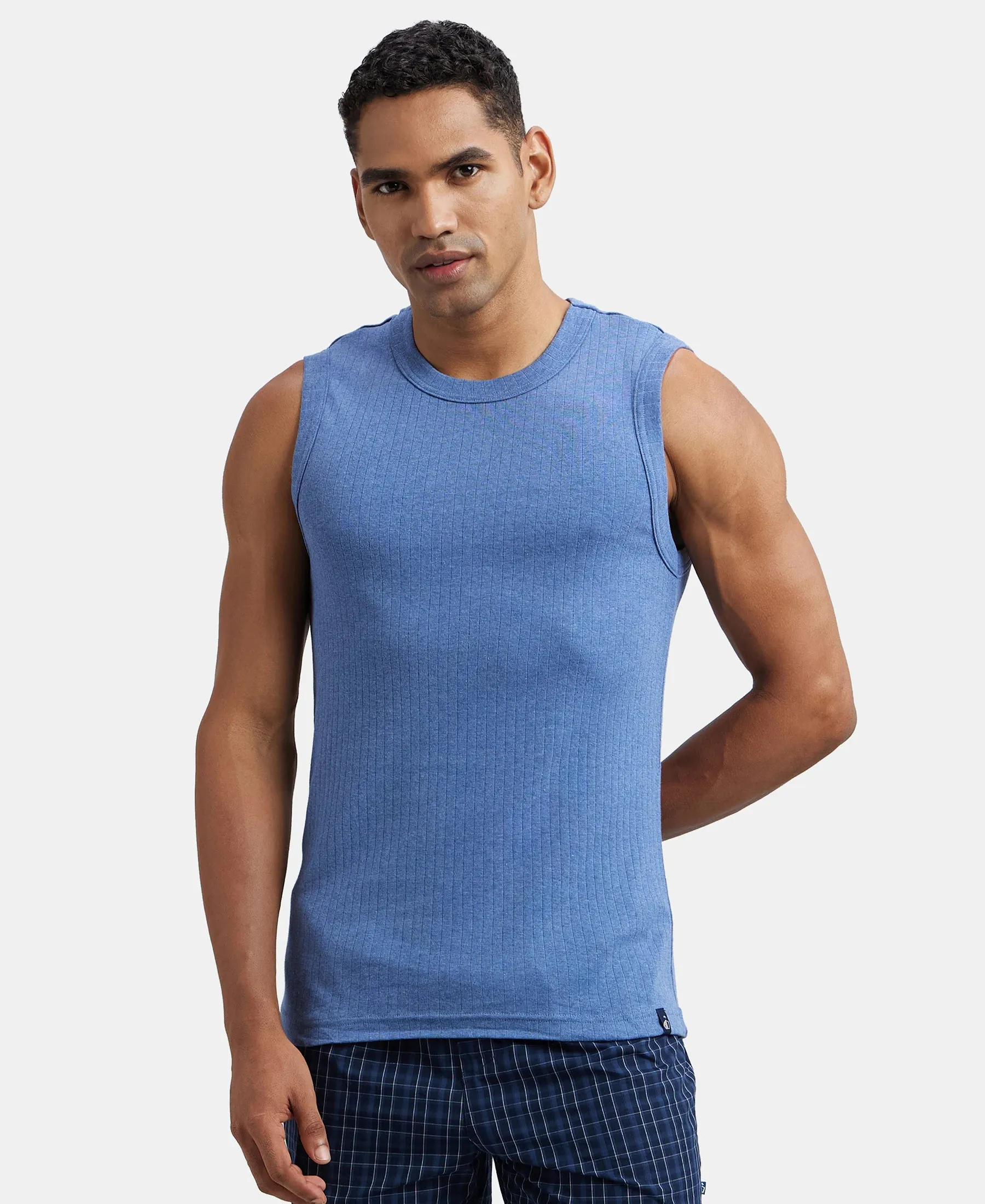 Super Combed Cotton Rib Solid Round Neck Muscle Vest - Light Denim Melange