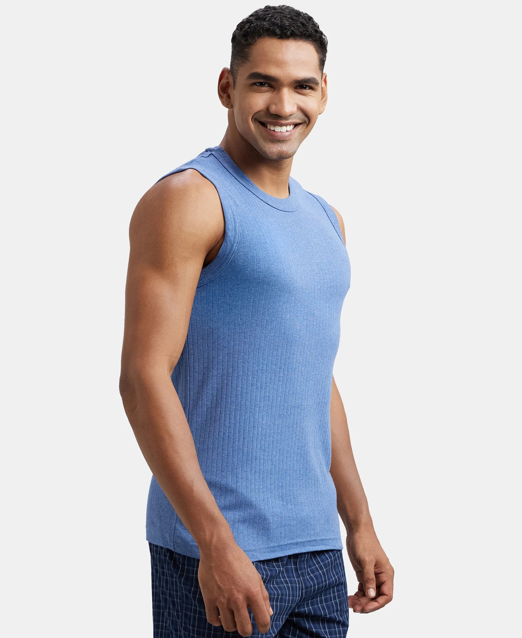 Super Combed Cotton Rib Solid Round Neck Muscle Vest - Light Denim Melange