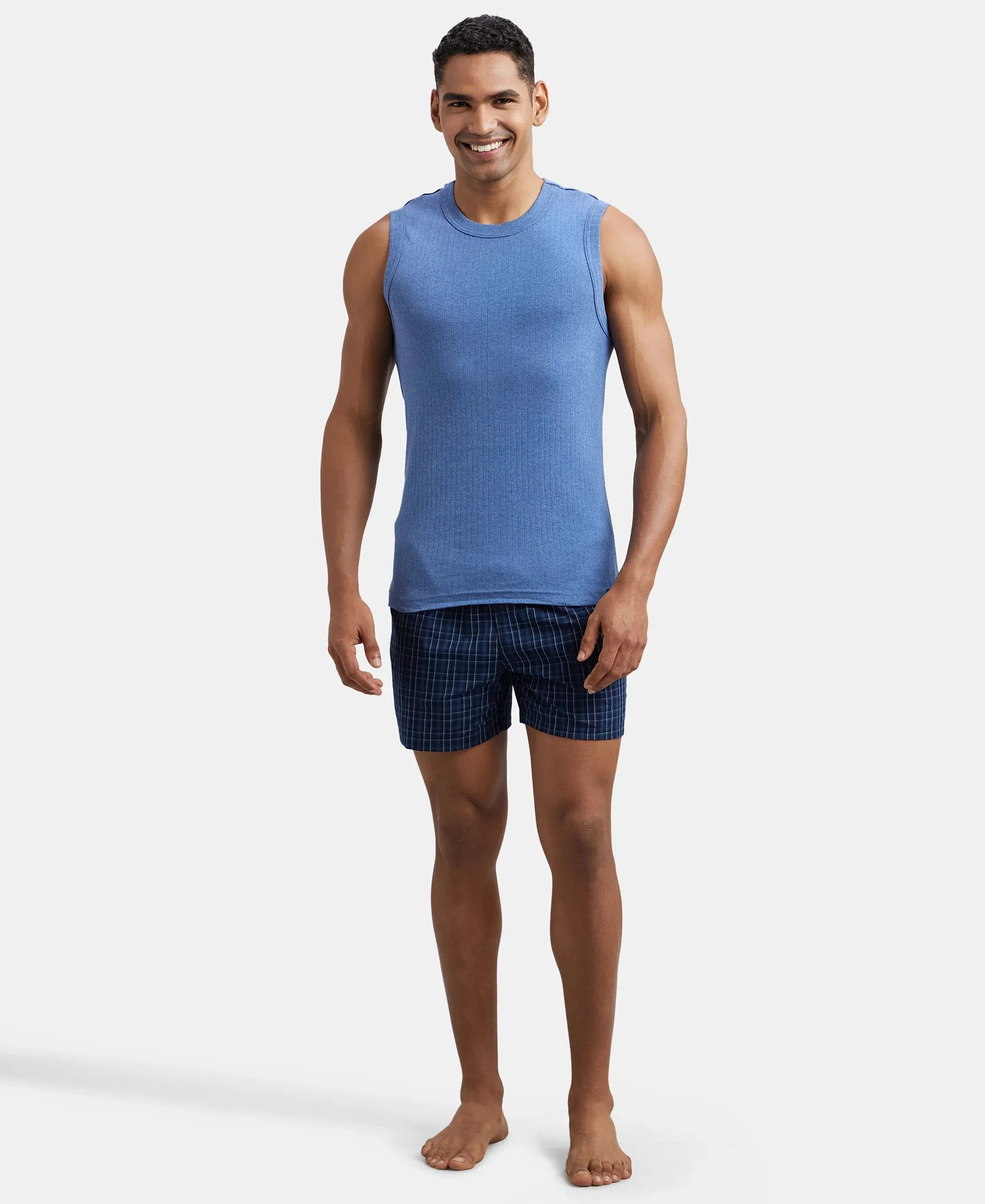 Super Combed Cotton Rib Solid Round Neck Muscle Vest - Light Denim Melange