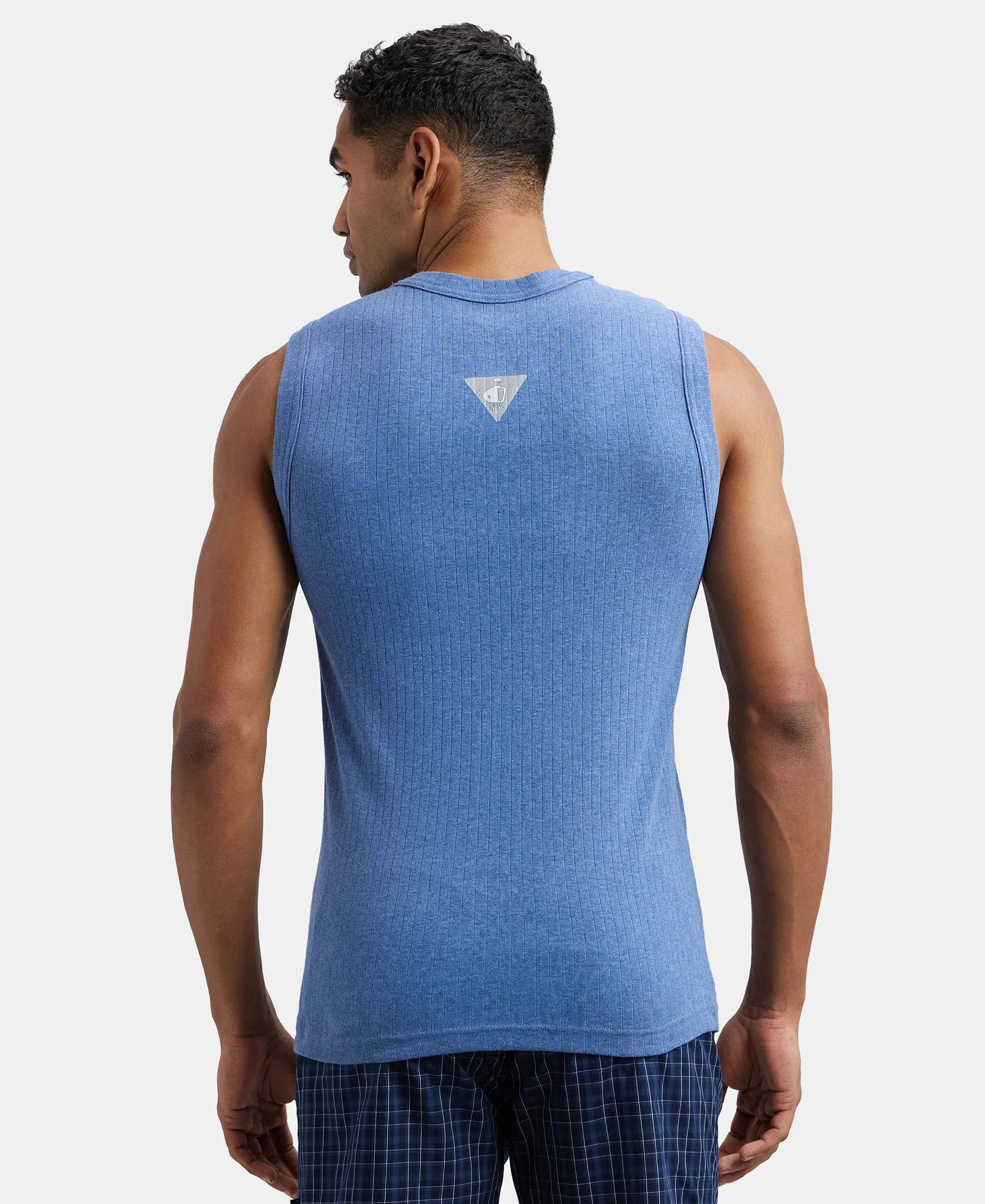 Super Combed Cotton Rib Solid Round Neck Muscle Vest - Light Denim Melange