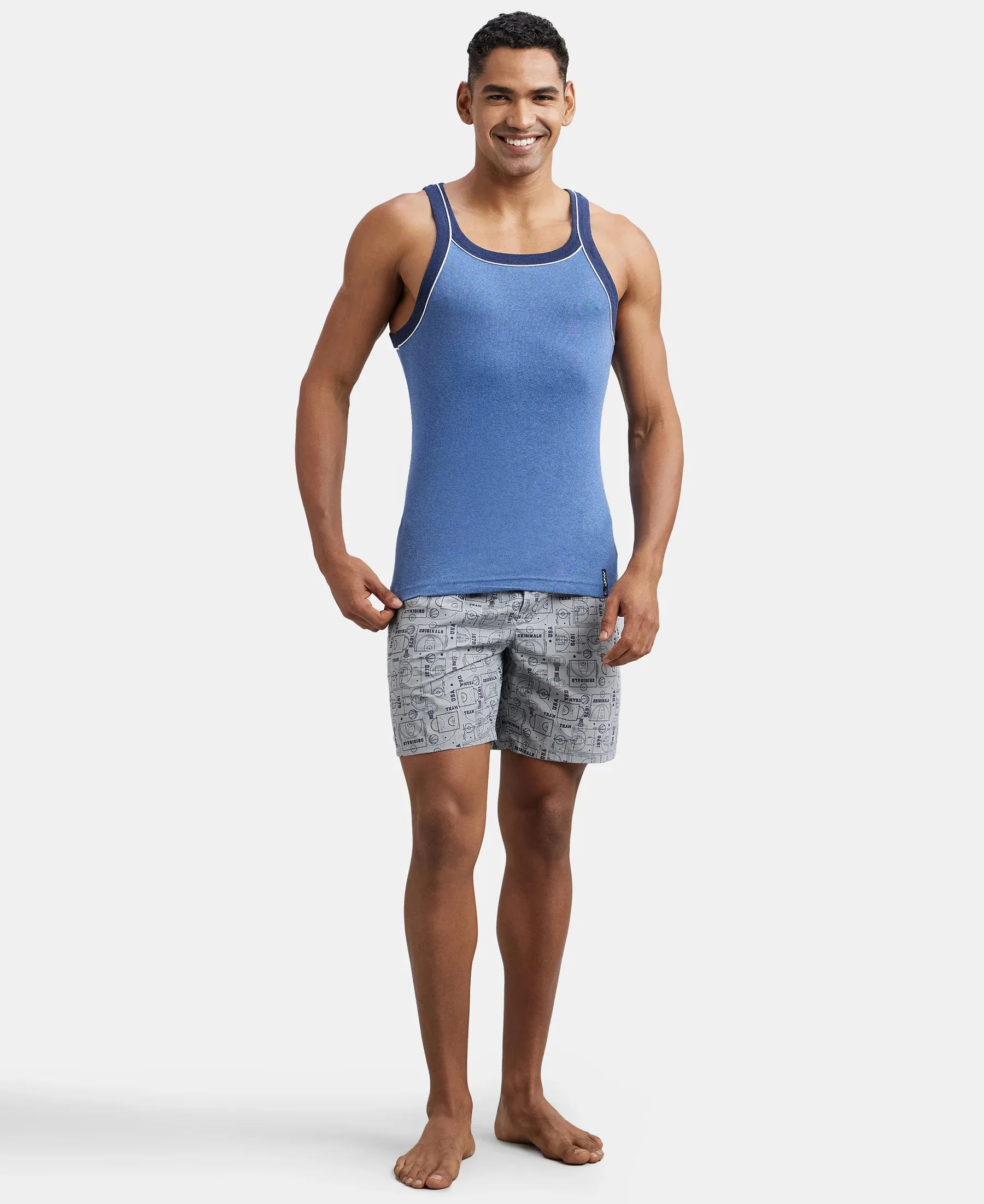 Super Combed Cotton Rib Square Neck Gym Vest with Graphic Print - Light Denim Melange