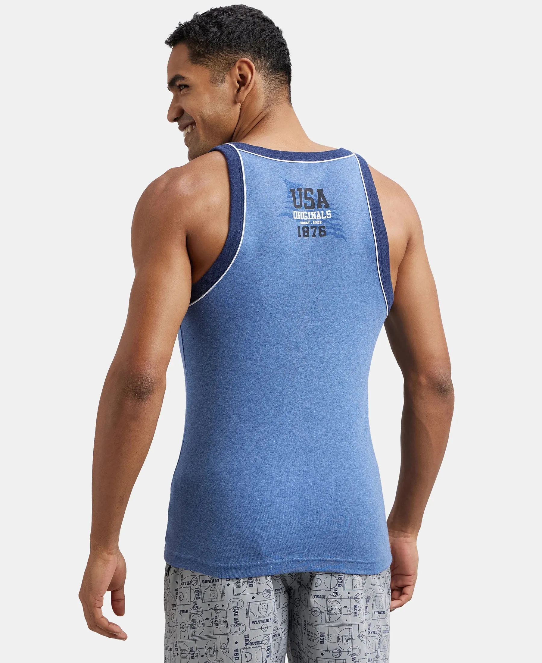 Super Combed Cotton Rib Square Neck Gym Vest with Graphic Print - Light Denim Melange