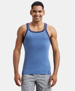 Super Combed Cotton Rib Square Neck Gym Vest with Graphic Print - Light Denim Melange