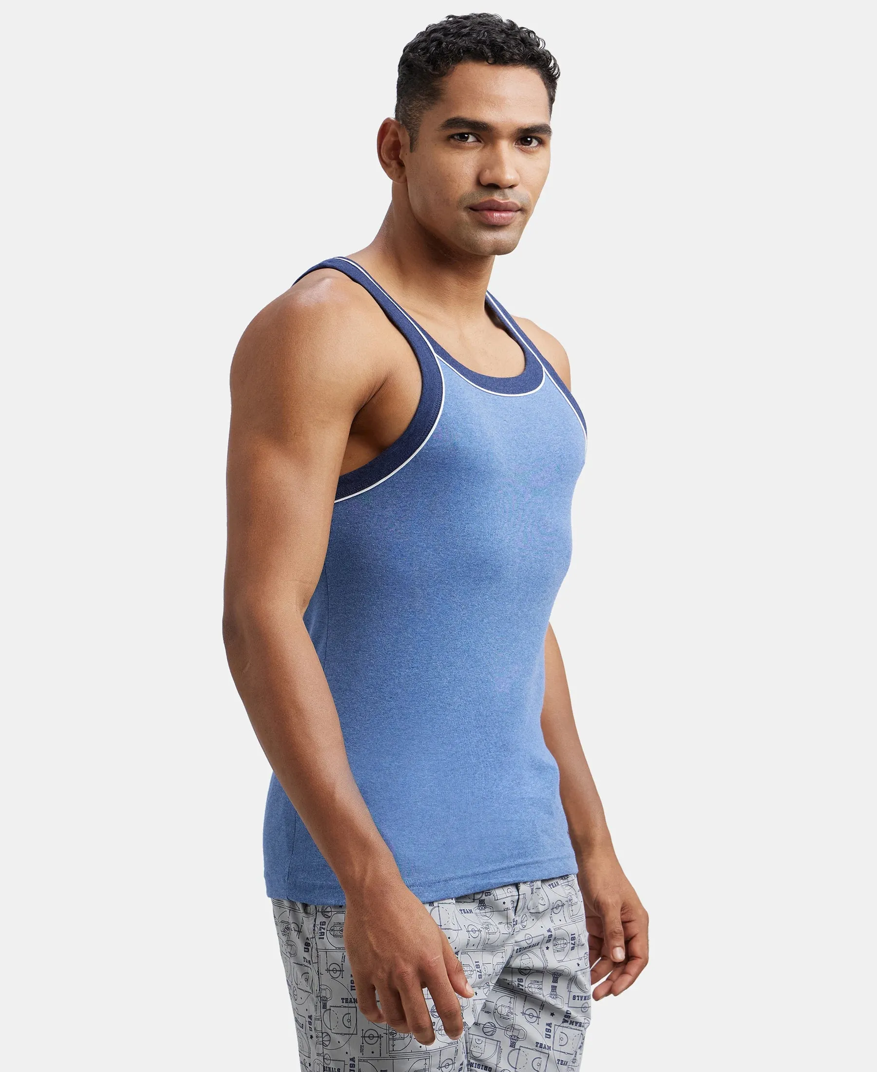 Super Combed Cotton Rib Square Neck Gym Vest with Graphic Print - Light Denim Melange