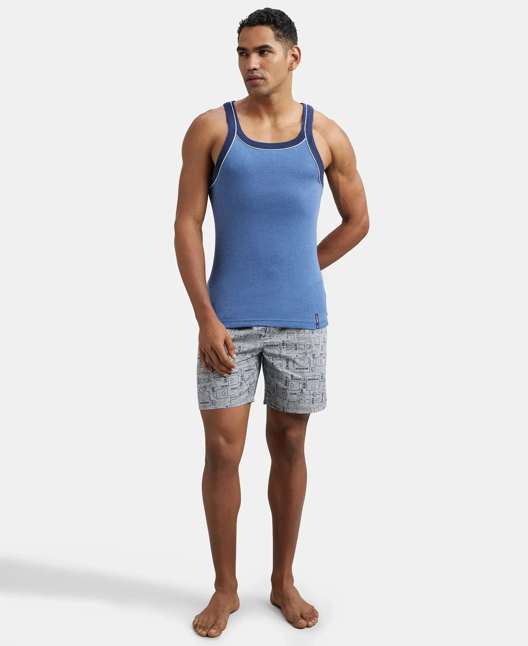 Super Combed Cotton Rib Square Neck Gym Vest with Graphic Print - Light Denim Melange