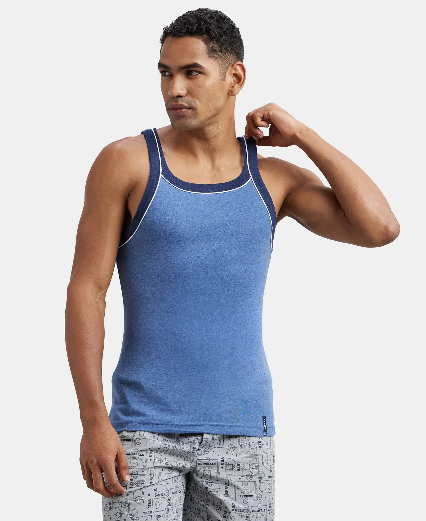 Super Combed Cotton Rib Square Neck Gym Vest with Graphic Print - Light Denim Melange