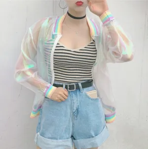 Teen Girls Yarn Cool Laser Symphony Sunscreen Sun Proof Bat Sleeve Jersey Jacket Clear iridescent transparent coat rainbow G831