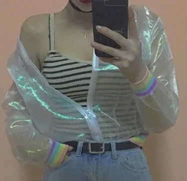 Teen Girls Yarn Cool Laser Symphony Sunscreen Sun Proof Bat Sleeve Jersey Jacket Clear iridescent transparent coat rainbow G831