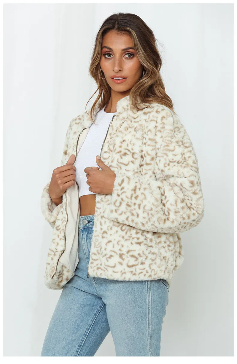 Trendy Leopard Plush Coat with Half Zip for Ladies