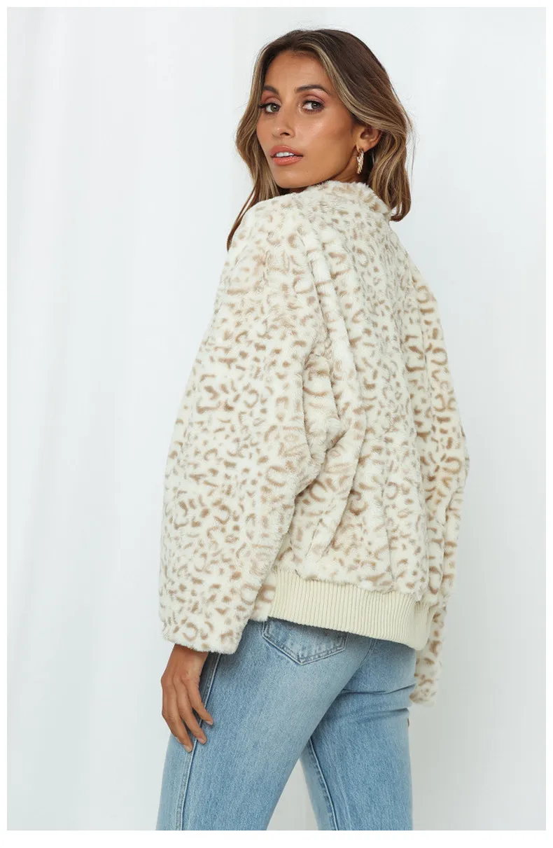 Trendy Leopard Plush Coat with Half Zip for Ladies