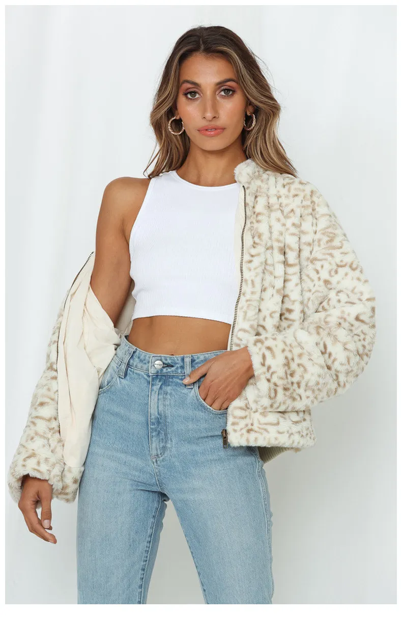 Trendy Leopard Plush Coat with Half Zip for Ladies