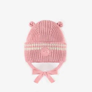 Tuque de maille rose en polyester recyclé, bébé || Pink knitted toque in recycled polyester, baby