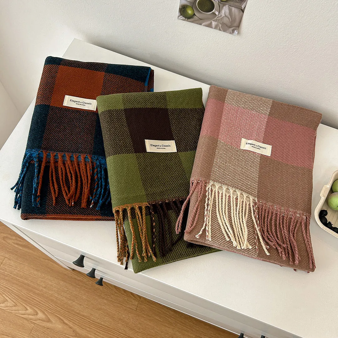 Two-Sided Contrasting Color Checkered Scarf for Korean-Style Ladies. Versatile in Autumn and Winter. Square Checkered Pattern. Fashionable and Simple. Narrow Version Shawl.C-240920-L4