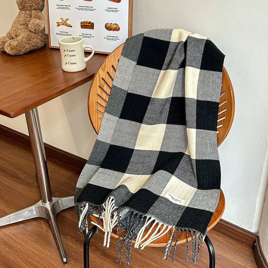 Two-Sided Contrasting Color Checkered Scarf for Korean-Style Ladies. Versatile in Autumn and Winter. Square Checkered Pattern. Fashionable and Simple. Narrow Version Shawl.C-240920-L4