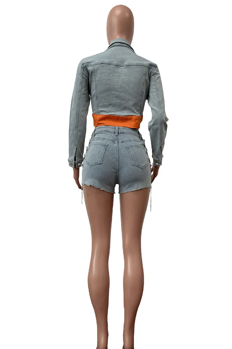 UG0485 Stretch Denim Jacket and Shorts Set