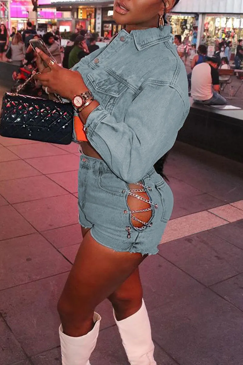 UG0485 Stretch Denim Jacket and Shorts Set