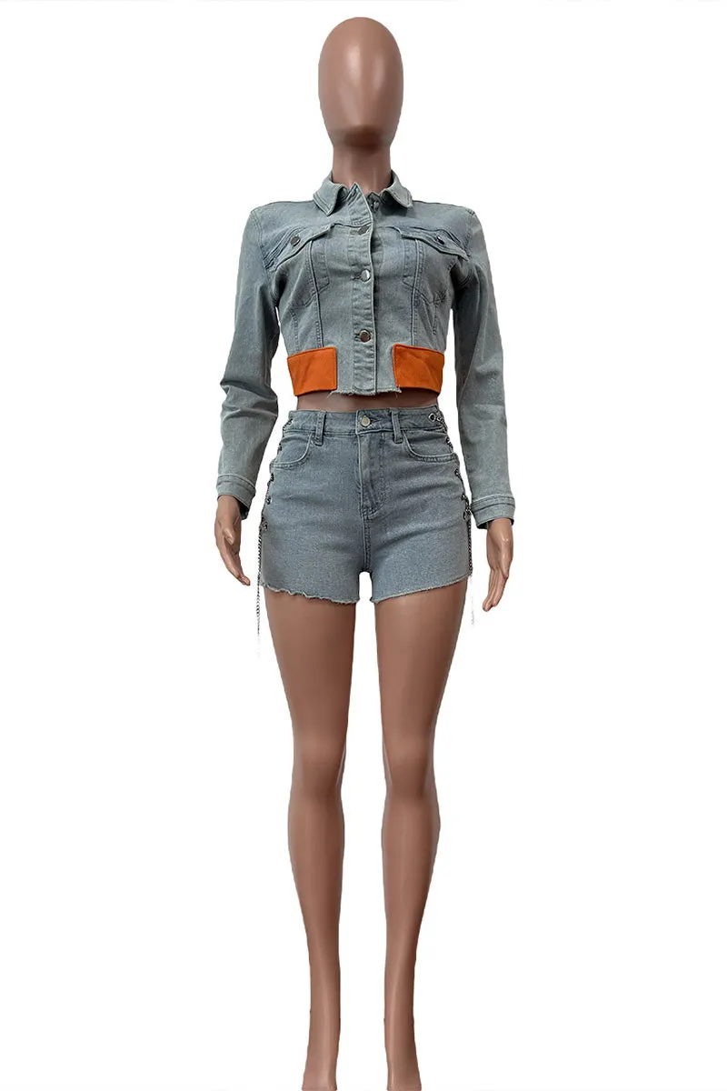 UG0485 Stretch Denim Jacket and Shorts Set