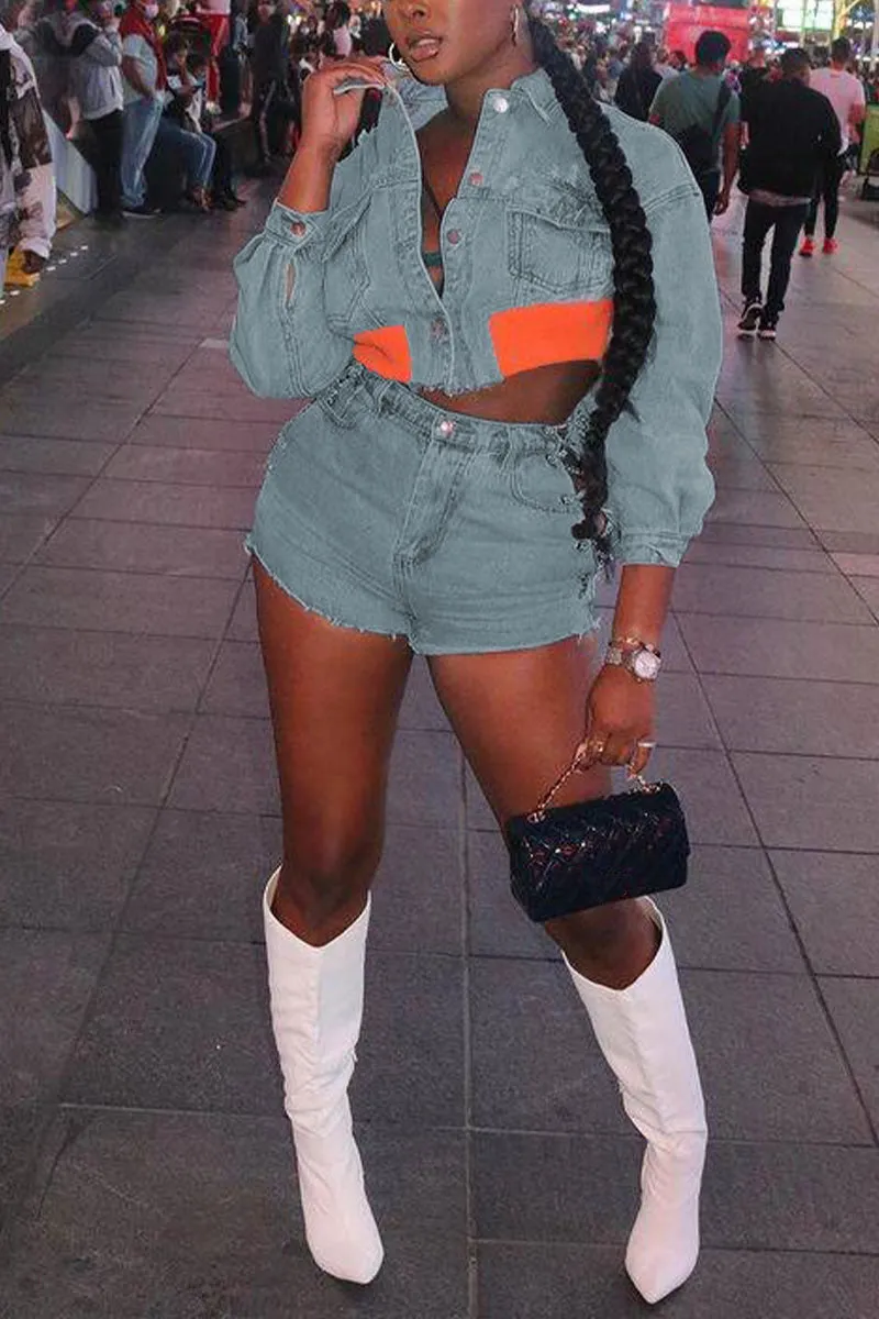 UG0485 Stretch Denim Jacket and Shorts Set