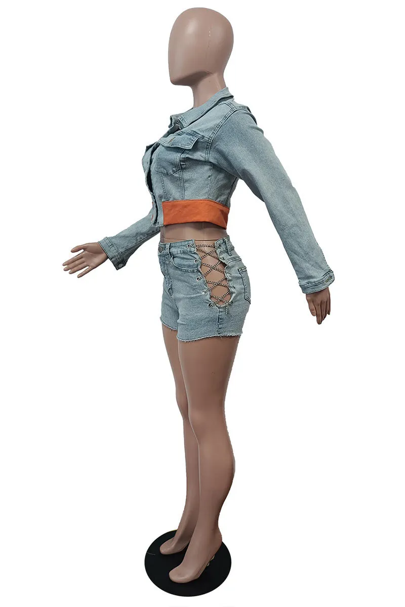 UG0485 Stretch Denim Jacket and Shorts Set