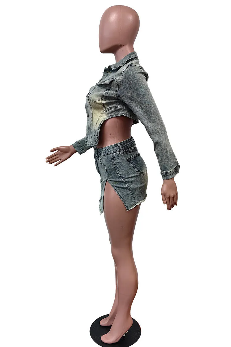 UK0150 Denim Jacket and Skirt Set