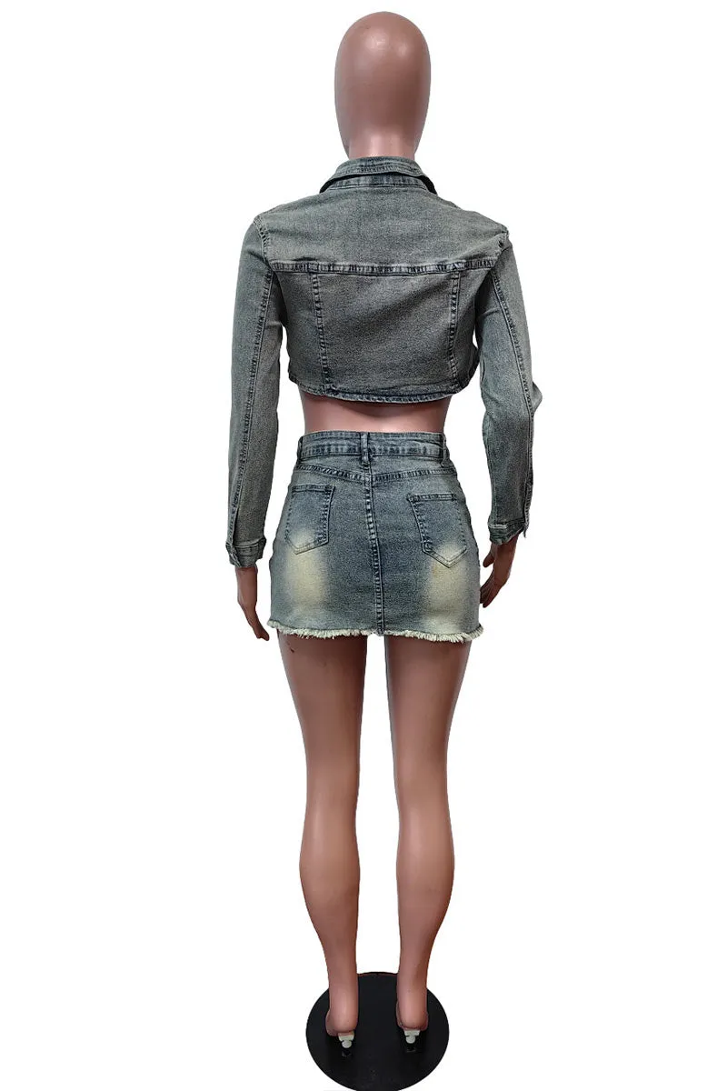 UK0150 Denim Jacket and Skirt Set