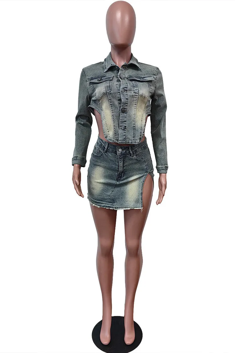 UK0150 Denim Jacket and Skirt Set