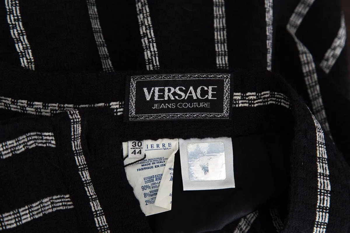 Versace Jeans Black and White Wool Mix Medusa Mini Skirt SZ 44