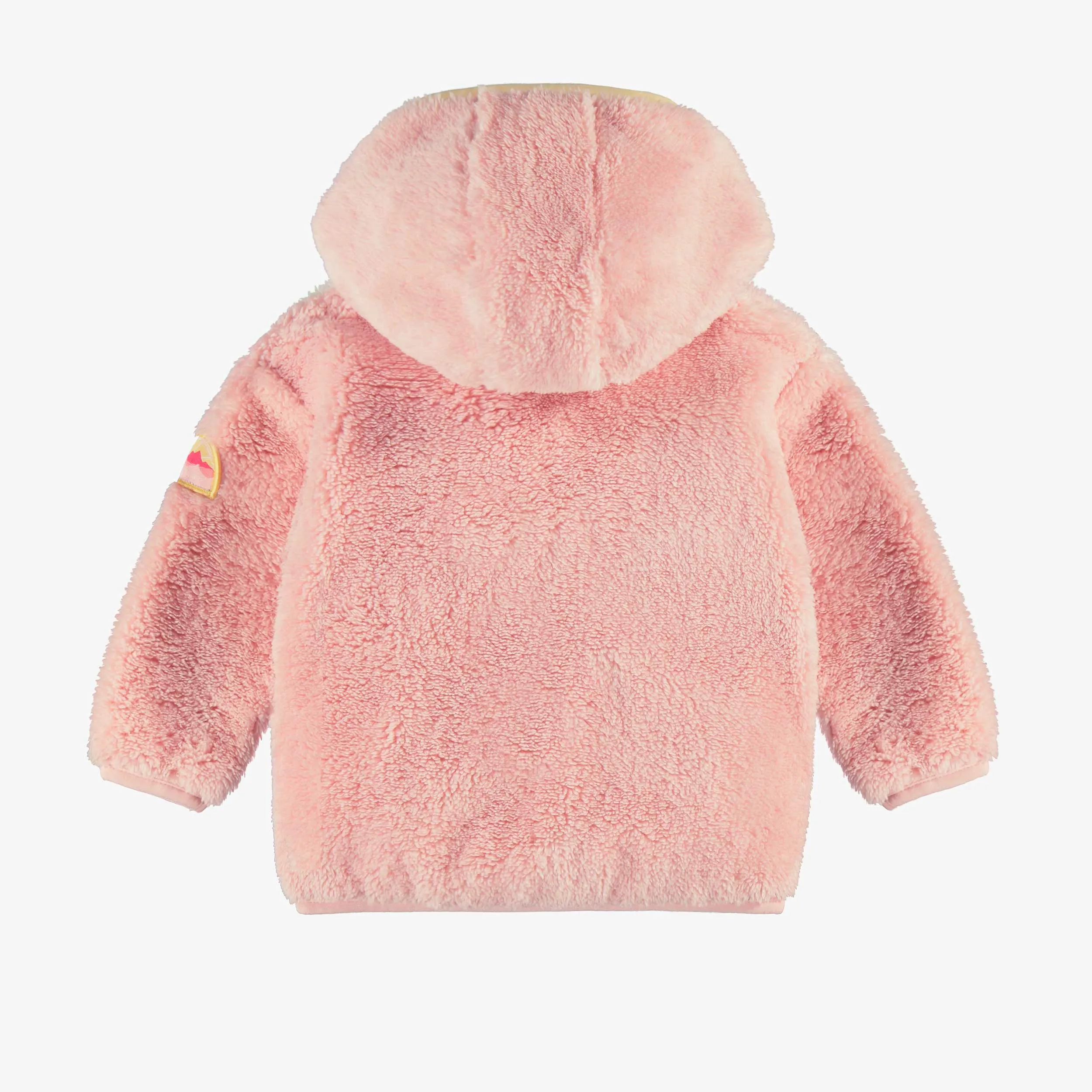 Veste à capuchon en peluche rose avec blocs de couleur, bébé || Plush pink hooded jacket with color blocks, baby