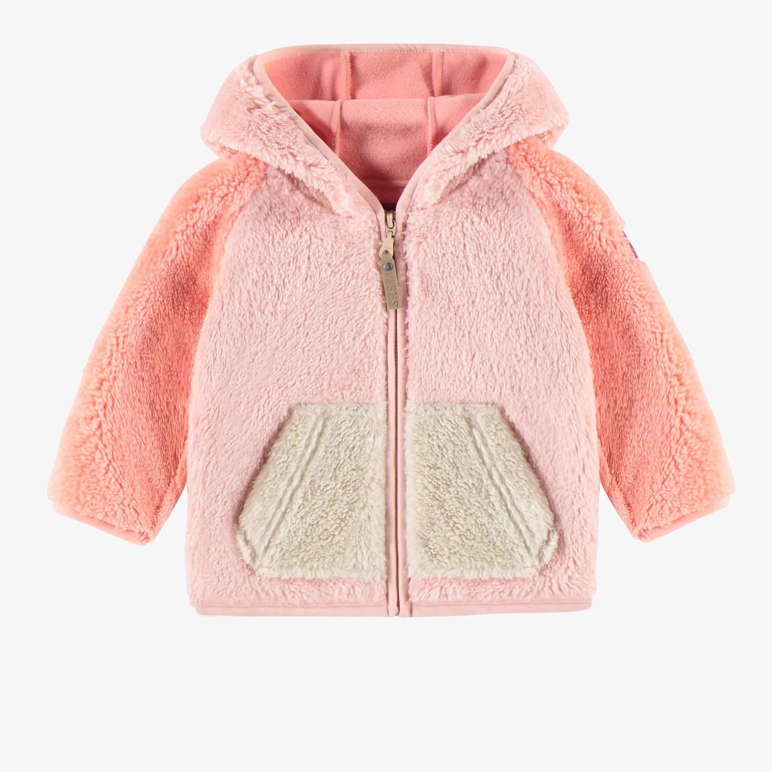 Veste en sherpa rose à capuchon et bloc de couleur, bébé || Pink color block hooded vest in sherpa, baby