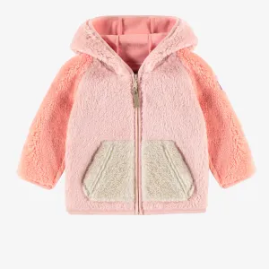 Veste en sherpa rose à capuchon et bloc de couleur, bébé || Pink color block hooded vest in sherpa, baby