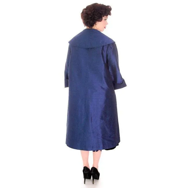 Vintage Silk Swing Coat Sapphire Blue La Palliere Paris France 1950s up to 46" bust
