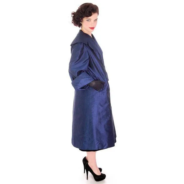 Vintage Silk Swing Coat Sapphire Blue La Palliere Paris France 1950s up to 46" bust