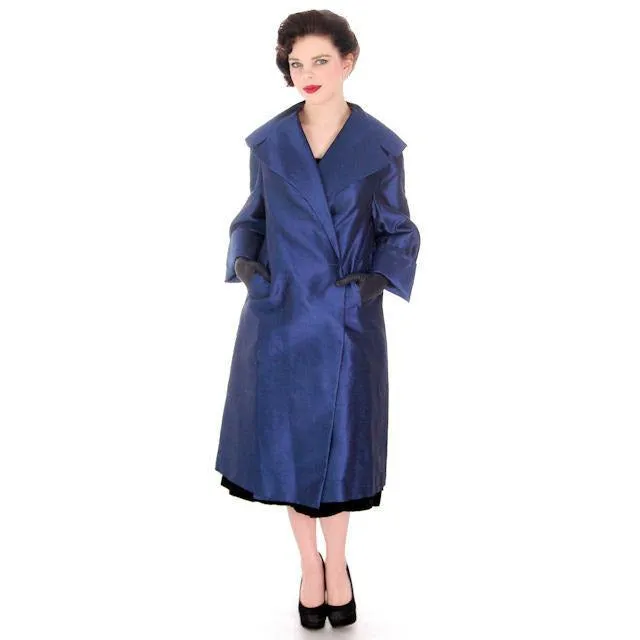 Vintage Silk Swing Coat Sapphire Blue La Palliere Paris France 1950s up to 46" bust