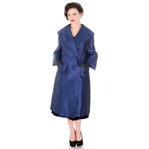 Vintage Silk Swing Coat Sapphire Blue La Palliere Paris France 1950s up to 46" bust