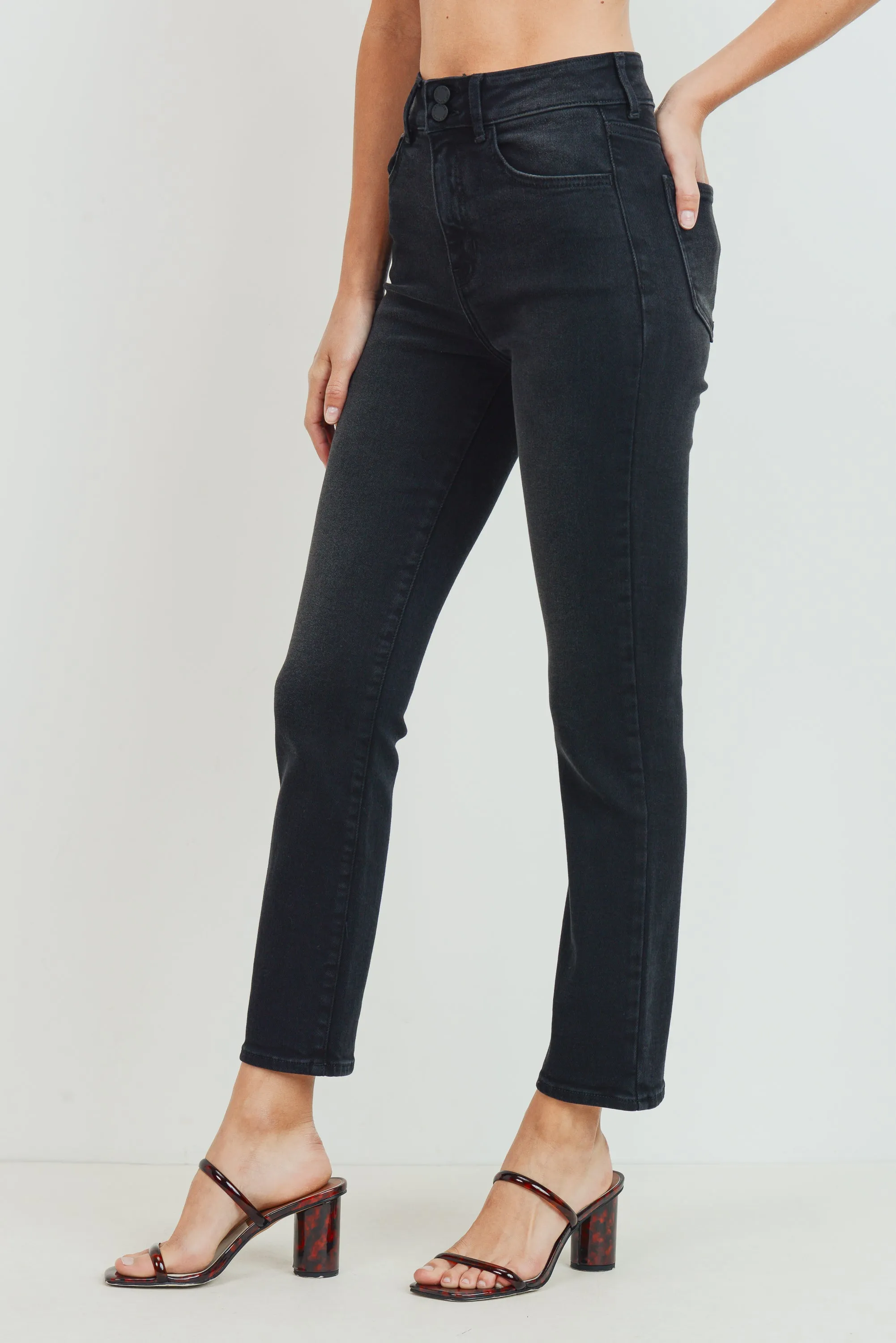 Washed High Waist Straight Leg Double Button Jean