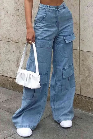 Wide Leg Knee Pocket Denim Blue Jeans