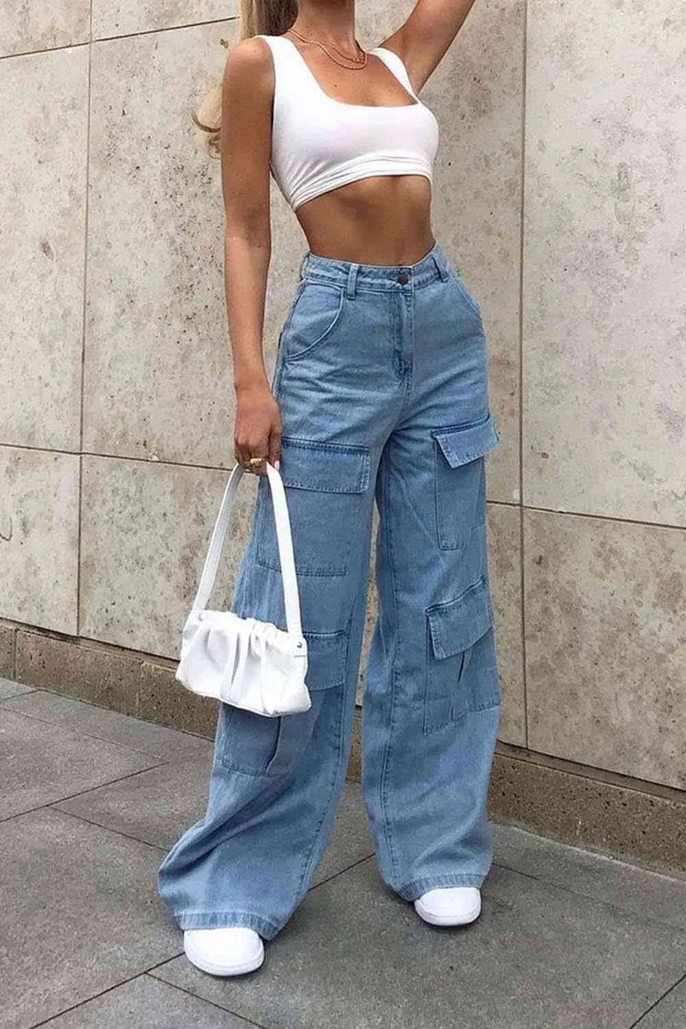 Wide Leg Knee Pocket Denim Blue Jeans