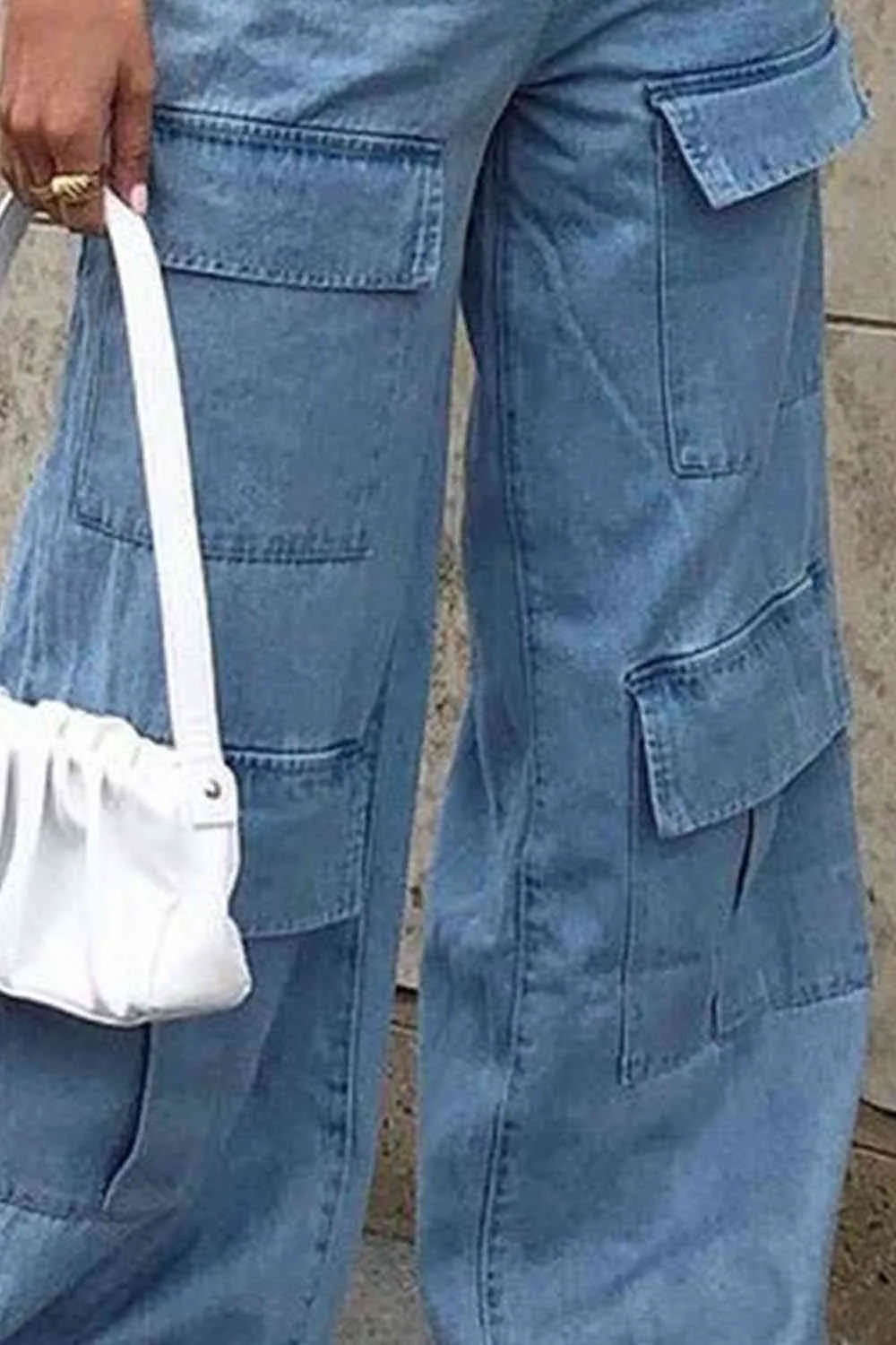 Wide Leg Knee Pocket Denim Blue Jeans