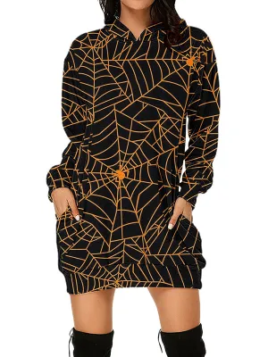 Women Halloween Golden Cobweb Graphic Print Hoodies