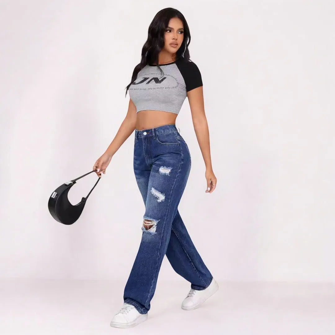 Women High Waist Ripped Denim Jeans
