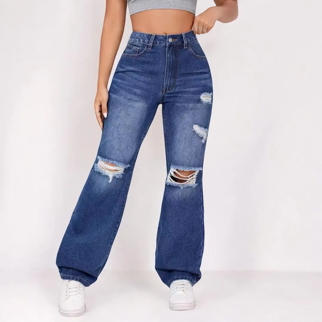 Women High Waist Ripped Denim Jeans