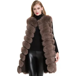 Women Long Gilet Real Fox Fur Vests Lady Winter Warm Natural Fur Mocca Waistcoat