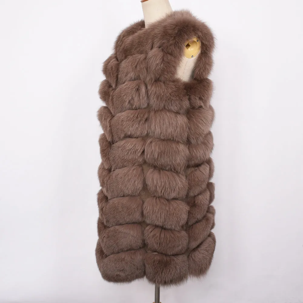 Women Long Gilet Real Fox Fur Vests Lady Winter Warm Natural Fur Mocca Waistcoat