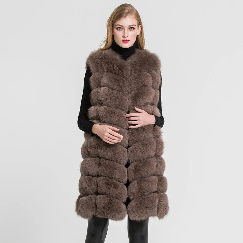 Women Long Gilet Real Fox Fur Vests Lady Winter Warm Natural Fur Mocca Waistcoat
