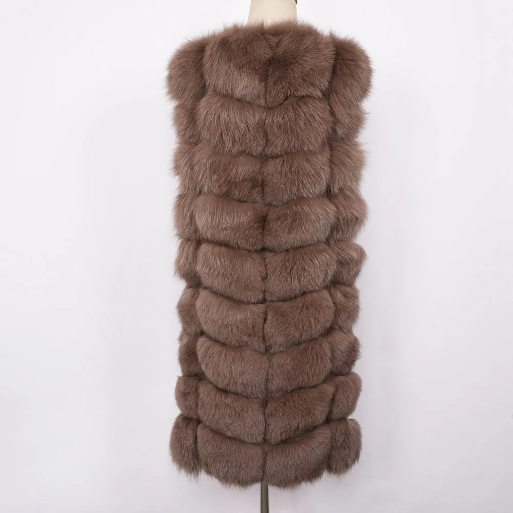 Women Long Gilet Real Fox Fur Vests Lady Winter Warm Natural Fur Mocca Waistcoat