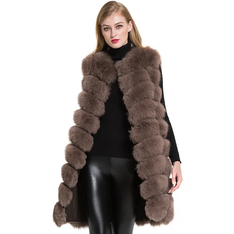 Women Long Gilet Real Fox Fur Vests Lady Winter Warm Natural Fur Mocca Waistcoat