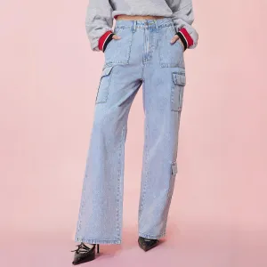 Women Loose Wide Leg High Waist Tooling Denim Jeans