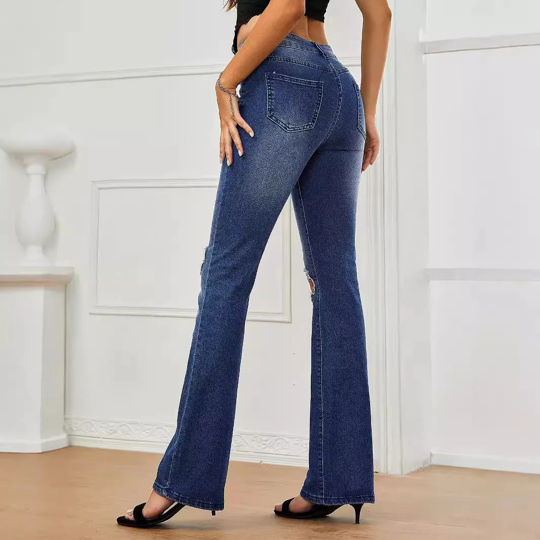 Women Stretch Ripped Casual Flared Jeans