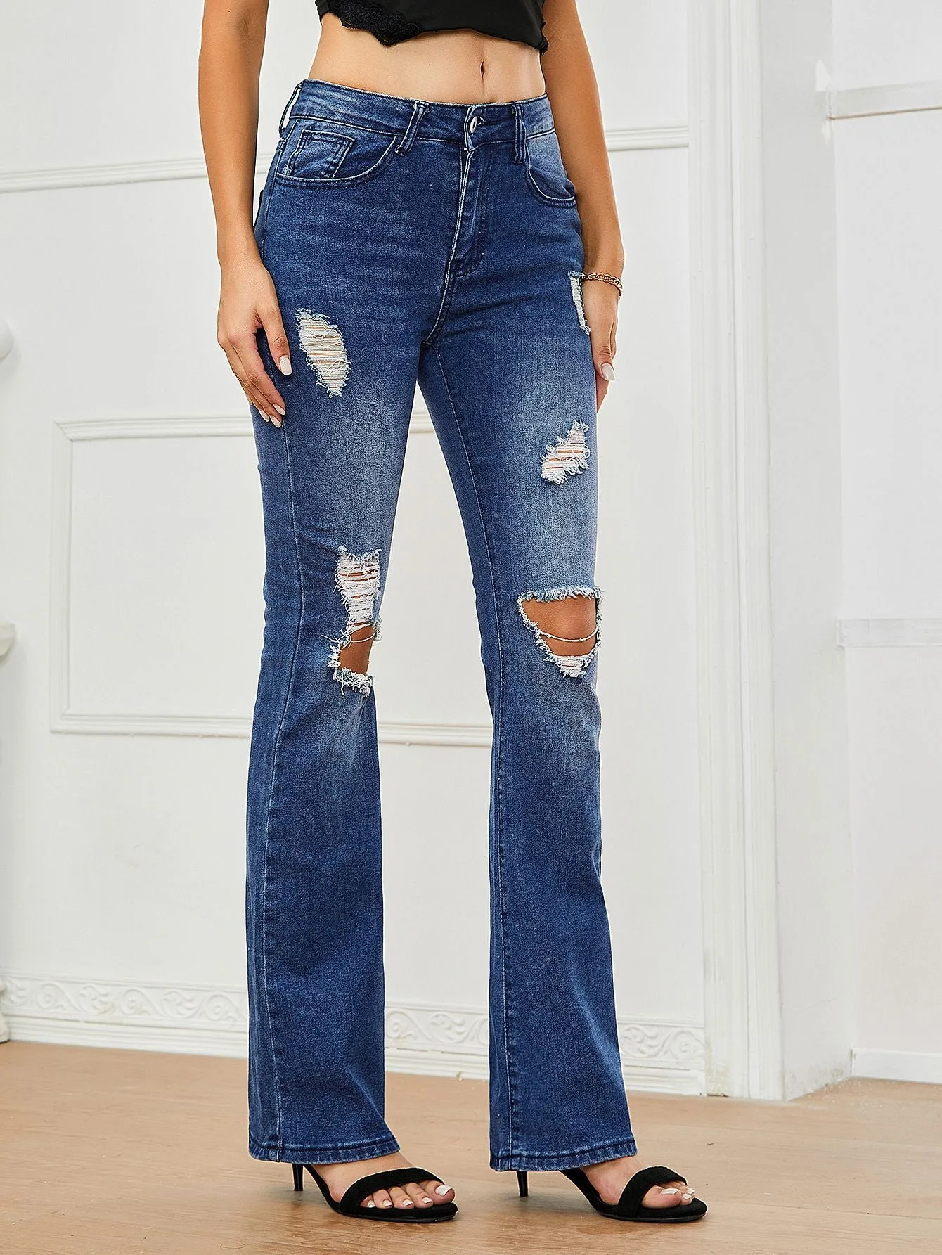 Women Stretch Ripped Casual Flared Jeans