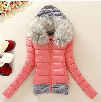 Women Winter Coat Cotton Padded Jacket Short Knitted Hood Fur Collar Womens Winter Jackets and Coats